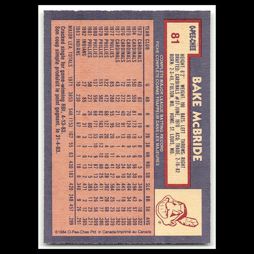 Bake McBride #81 1984 O-Pee-Chee Cleveland Indians Baseball Card MLB NM