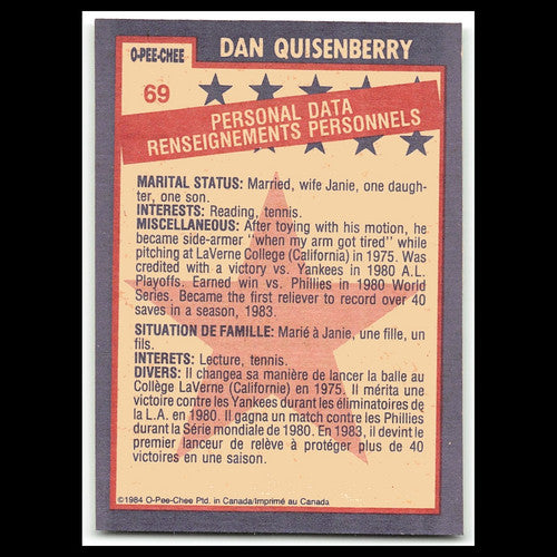 Dan Quisenberry #69 1984 O-Pee-Chee Kansas City Royals Baseball Card MLB NM