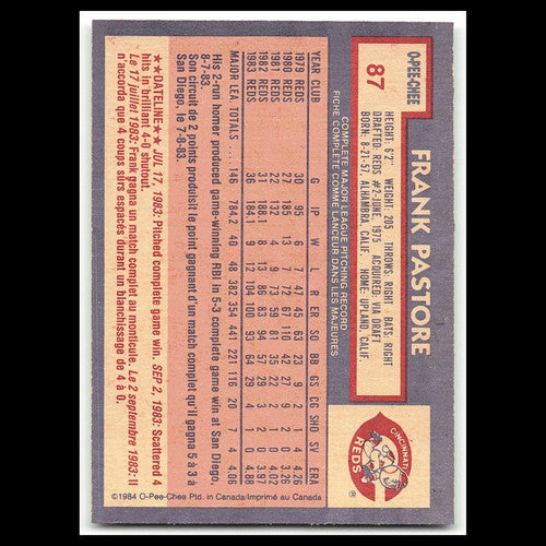 Frank Pastore #87 1984 O-Pee-Chee Cincinnati Reds Baseball Card MLB NM