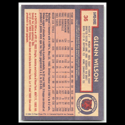 Glenn Wilson #36 1984 O-Pee-Chee Detroit Tigers Baseball Card MLB NM