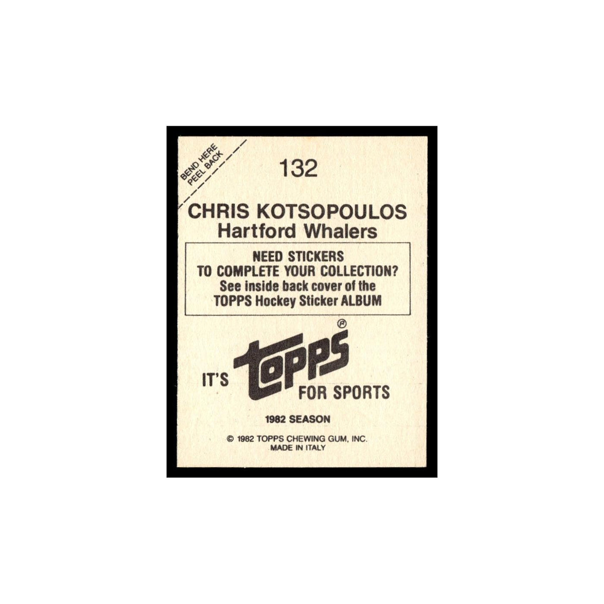 Chris Kotsopoulos 1982 Topps Stickers #132 Hartford Whalers Hockey Card EX