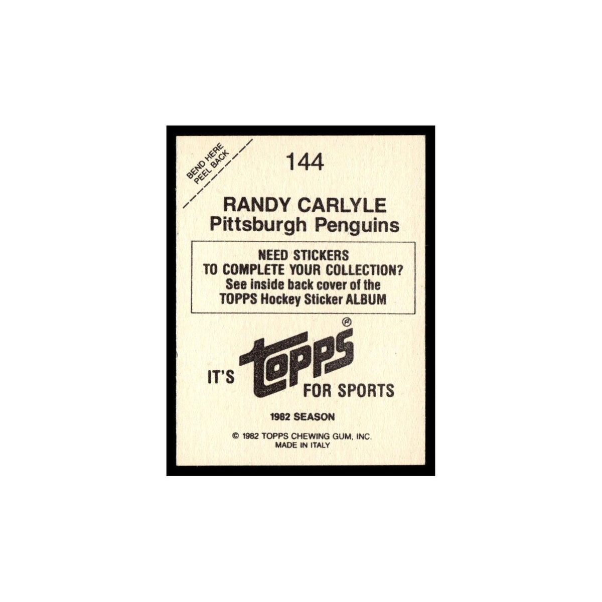 Randy Carlyle 1982 Topps Stickers #144 Pittsburgh Penguins Hockey Card EX