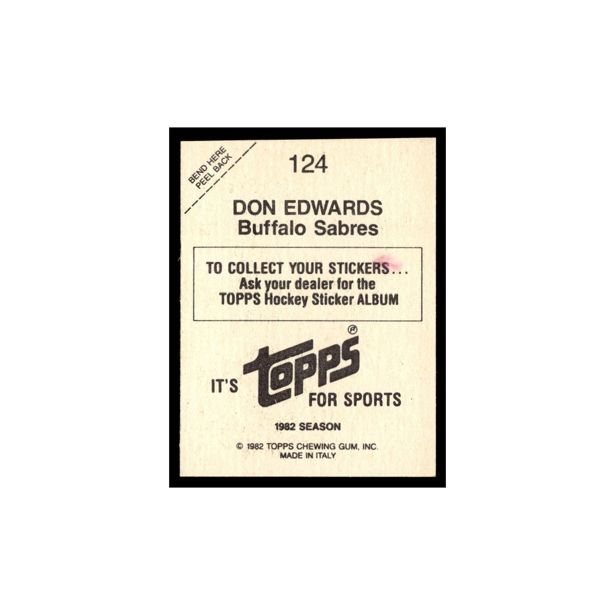 Don Edwards 1982 Topps Stickers #124 Buffalo Sabres Hockey Card EX
