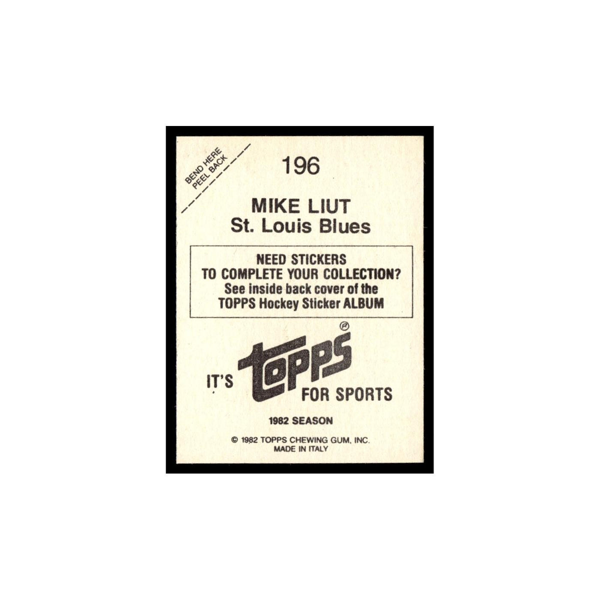 Mike Liut 1982 Topps Stickers #196 St. Louis Blues Hockey Card EX