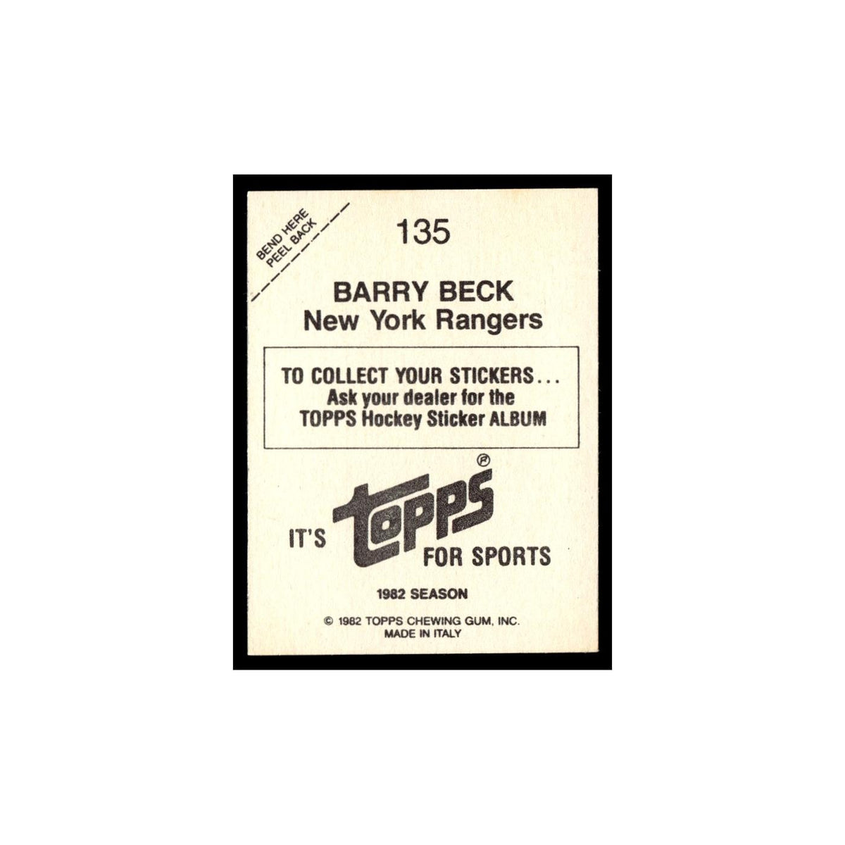 Barry Beck 1982 Topps Stickers #135 New York Rangers Hockey Card EX