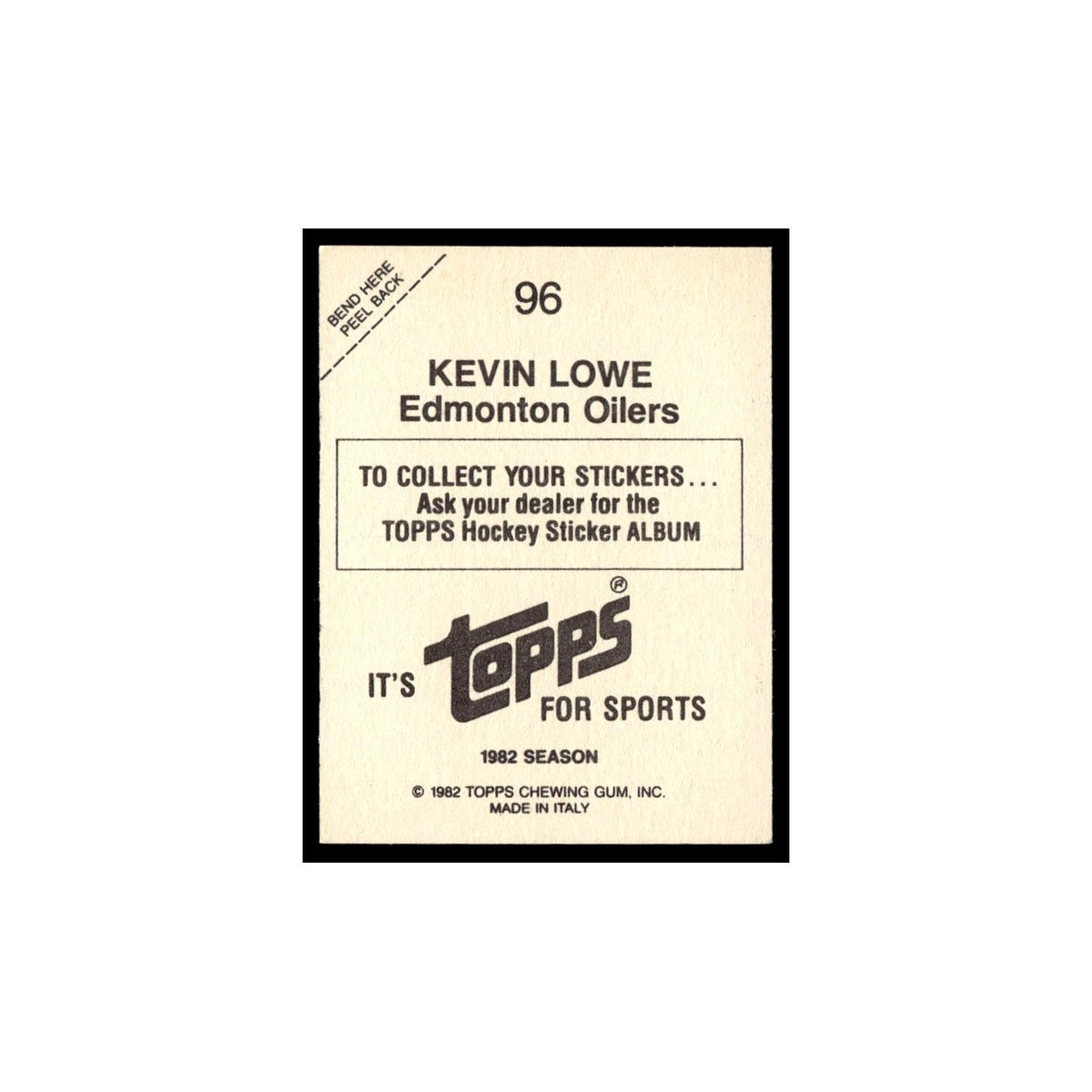 Kevin Lowe 1982 Topps Stickers #96 Edmonton Oilers Hockey Card EX