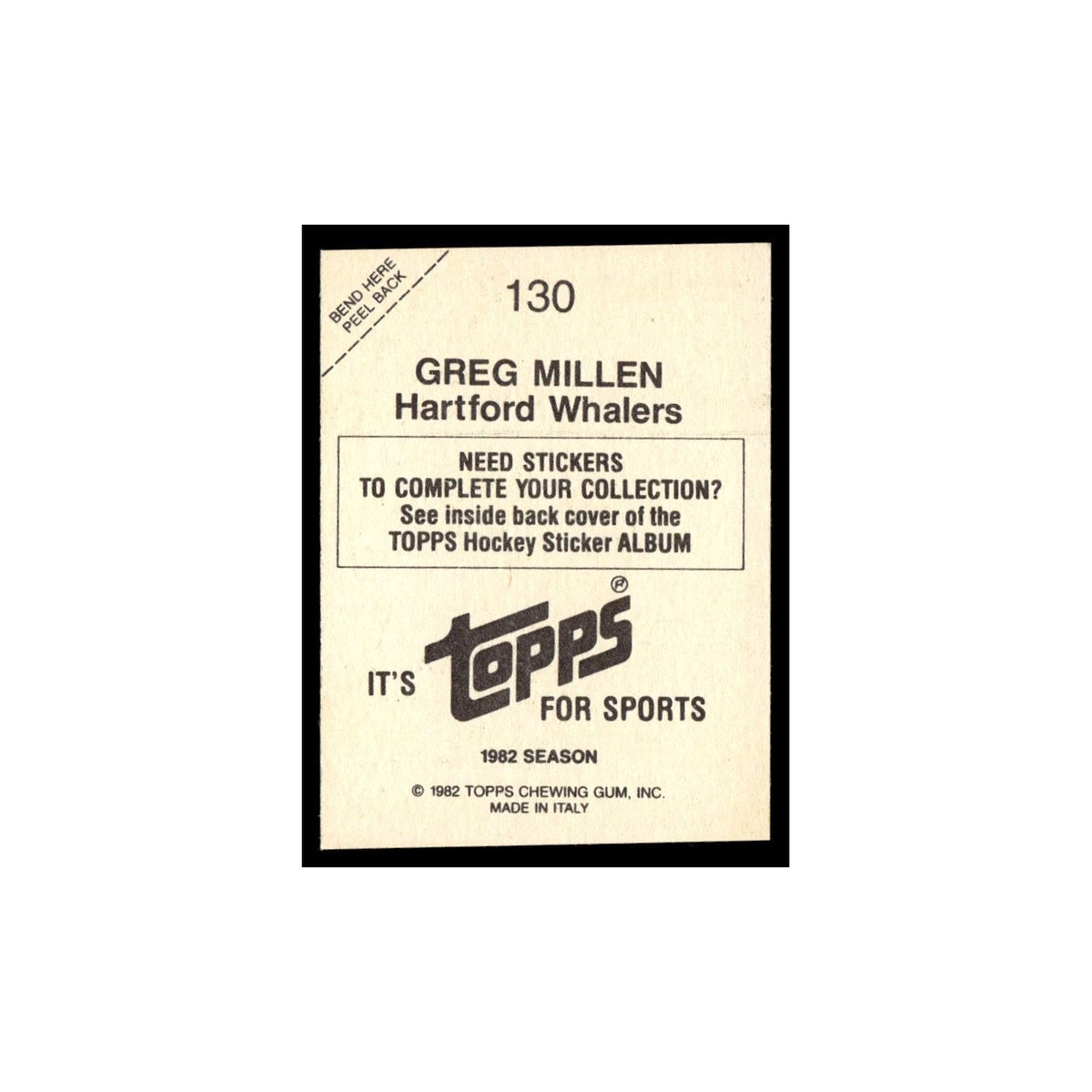 Greg Millen 1982 Topps Stickers #130 Hartford Whalers Hockey Card EX