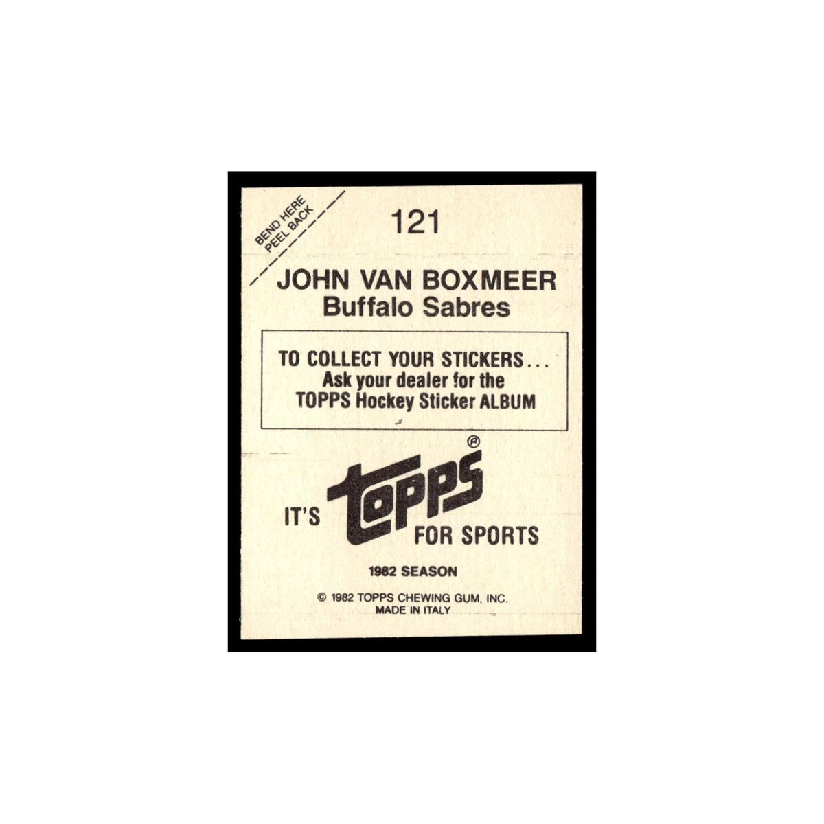 John Van Boxmeer 1982 Topps Stickers #121 Buffalo Sabres Hockey Card EX