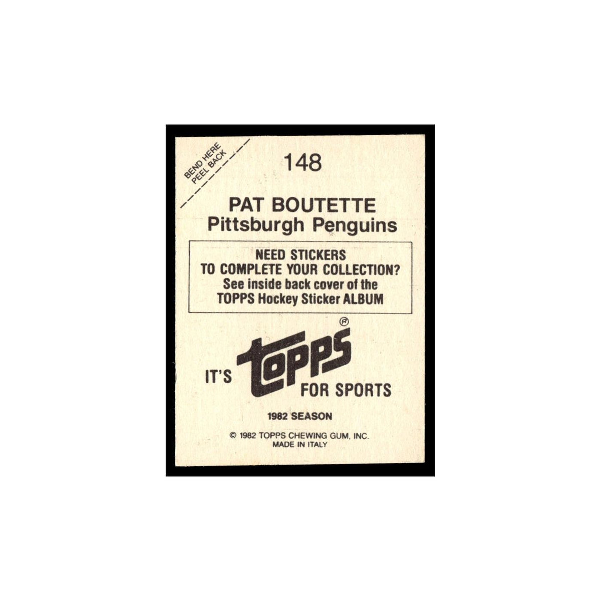 Pat Boutette 1982 Topps Stickers #148 Pittsburgh Penguins Hockey Card EX
