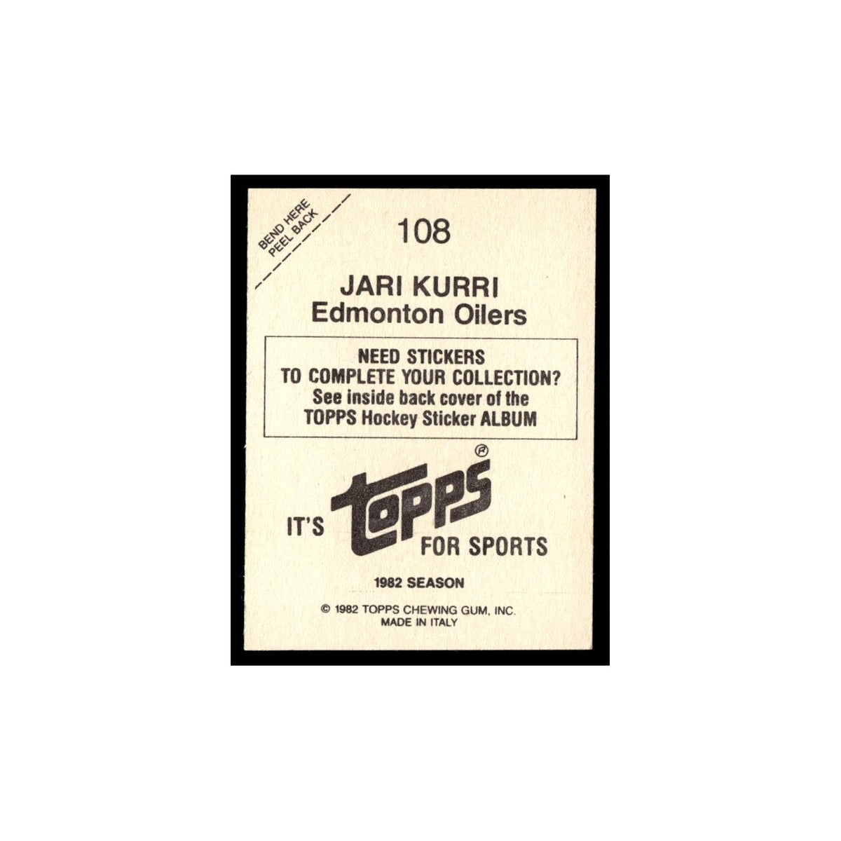 Jari Kurri 1982 Topps Stickers #108 Edmonton Oilers Hockey Card EX