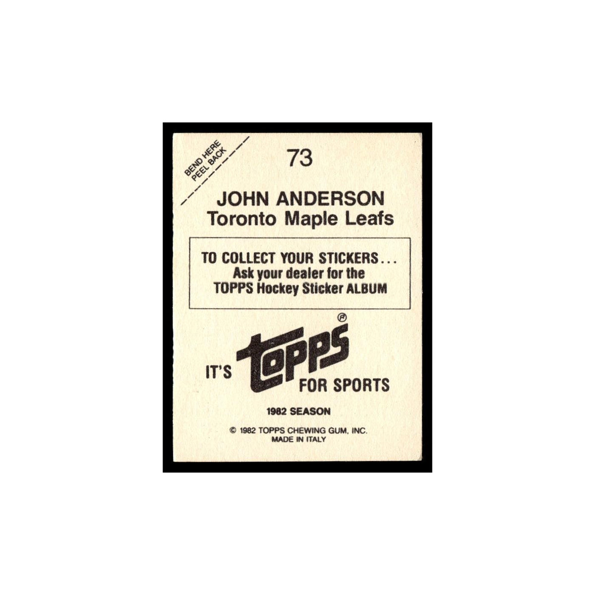 John Anderson 1982 Topps Stickers #73 Toronto Maple Leafs Hockey Card EX