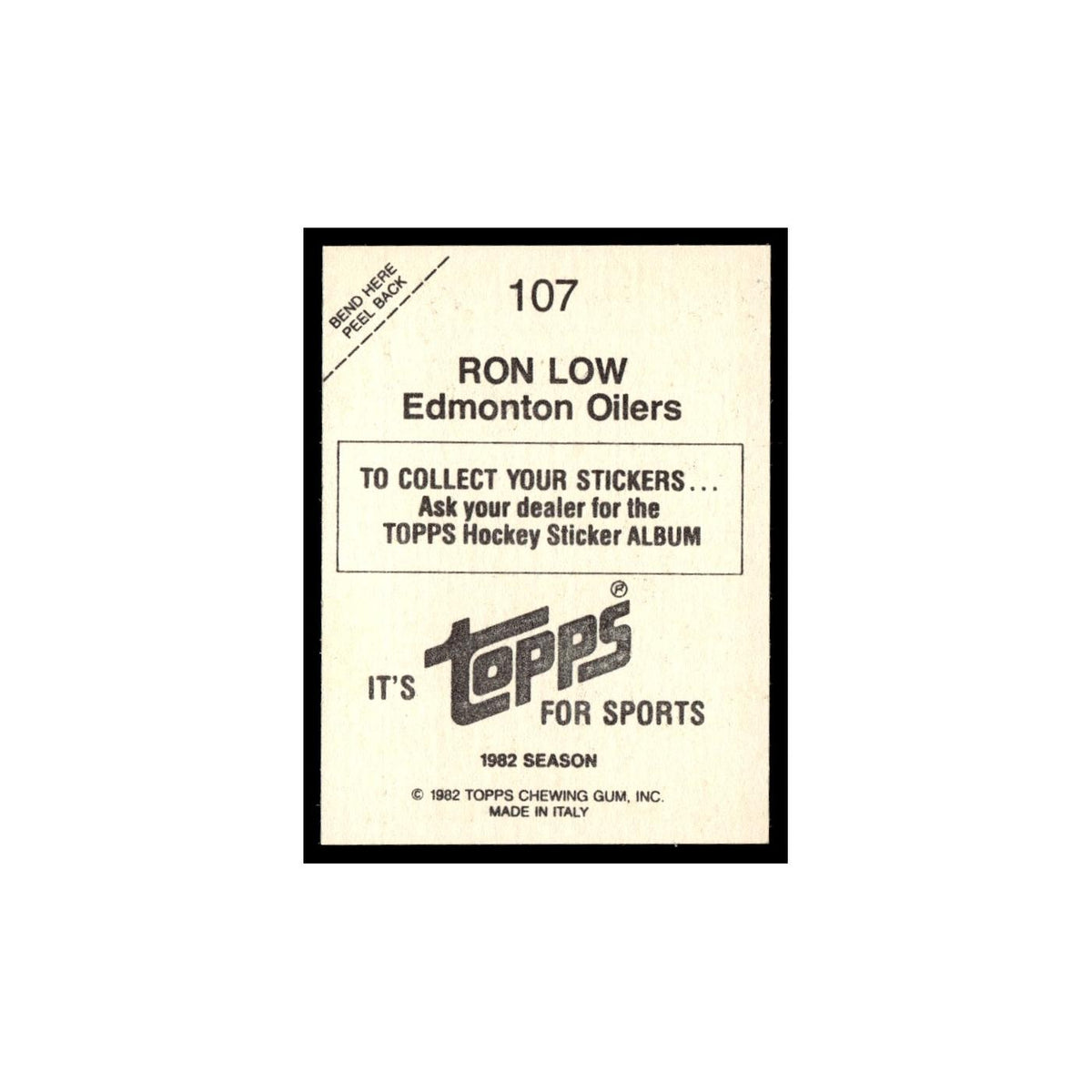 Ron Low 1982 Topps Stickers #107 Edmonton Oilers Hockey Card EX