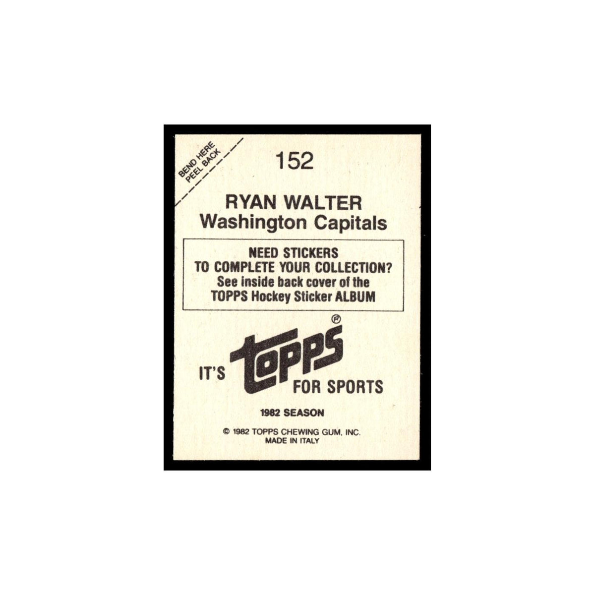 Ryan Walter 1982 Topps Stickers #152 Washington Capitals Hockey Card EX