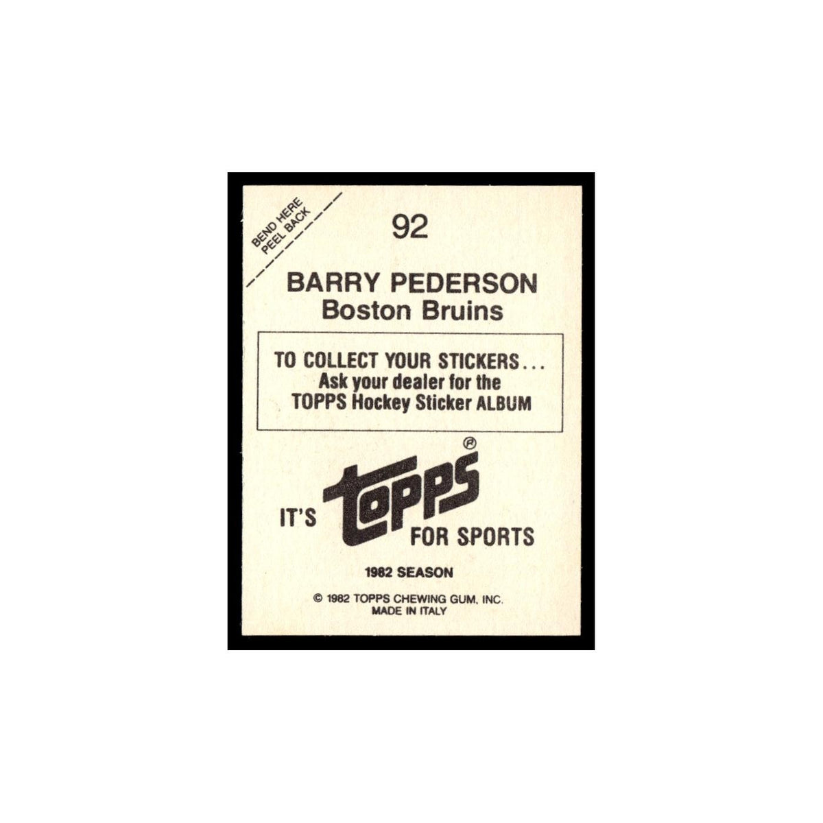 Barry Pederson 1982 Topps Stickers #92 Boston Bruins Hockey Card EX