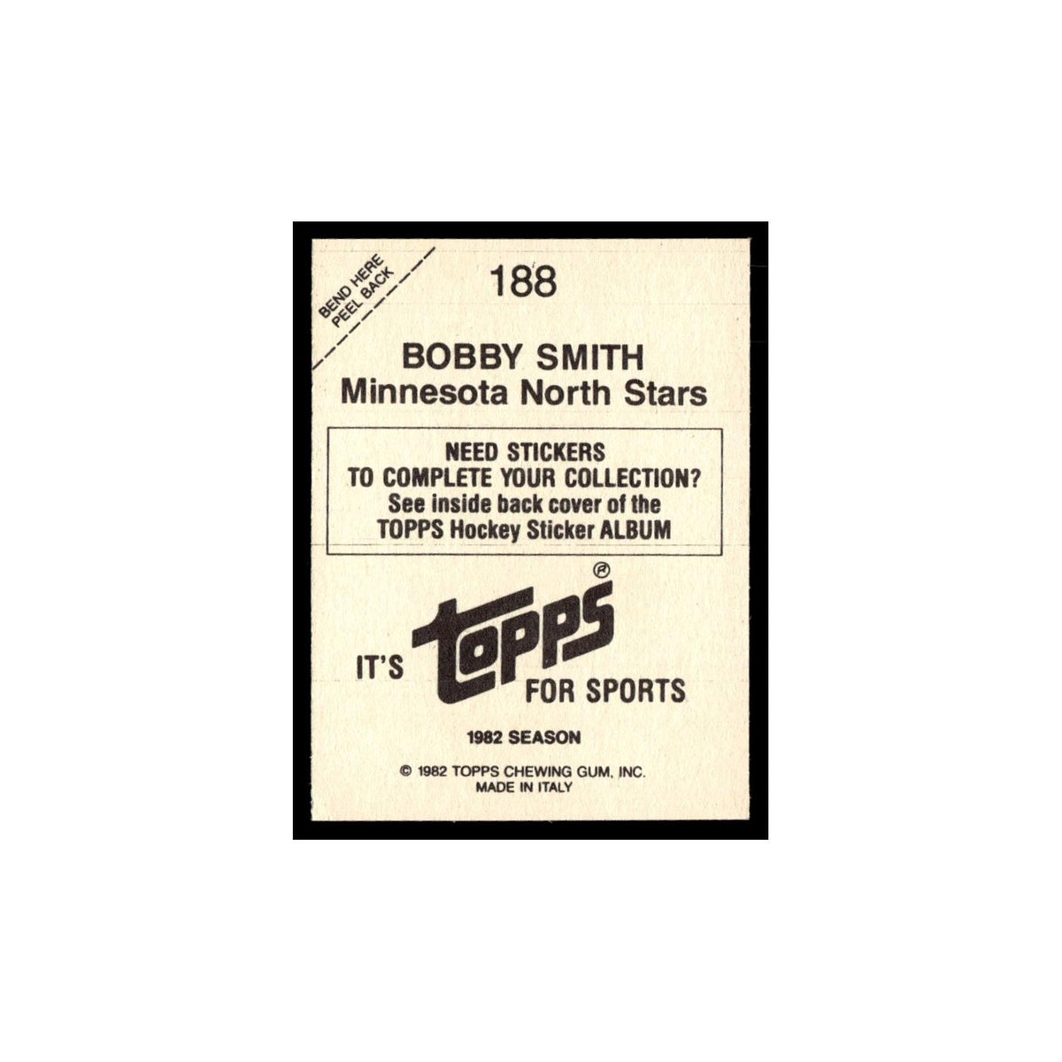 Bobby Smith 1982 Topps Stickers #188 Minnesota North Stars Hockey Card EX