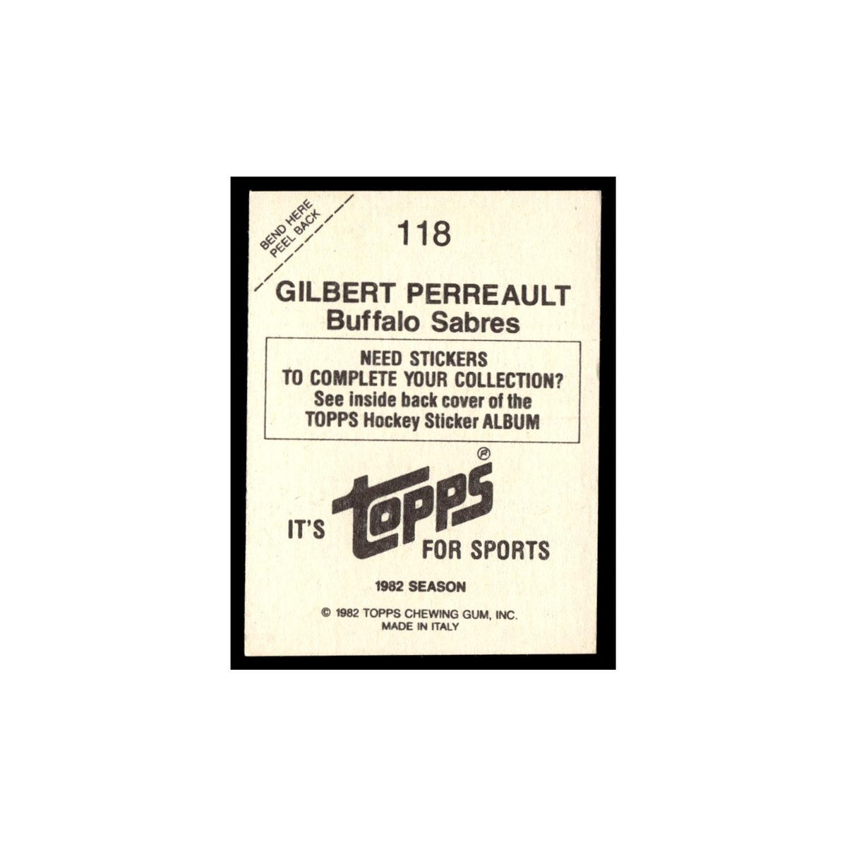 Gilbert Perreault 1982 Topps Stickers #118 Buffalo Sabres Hockey Card EX