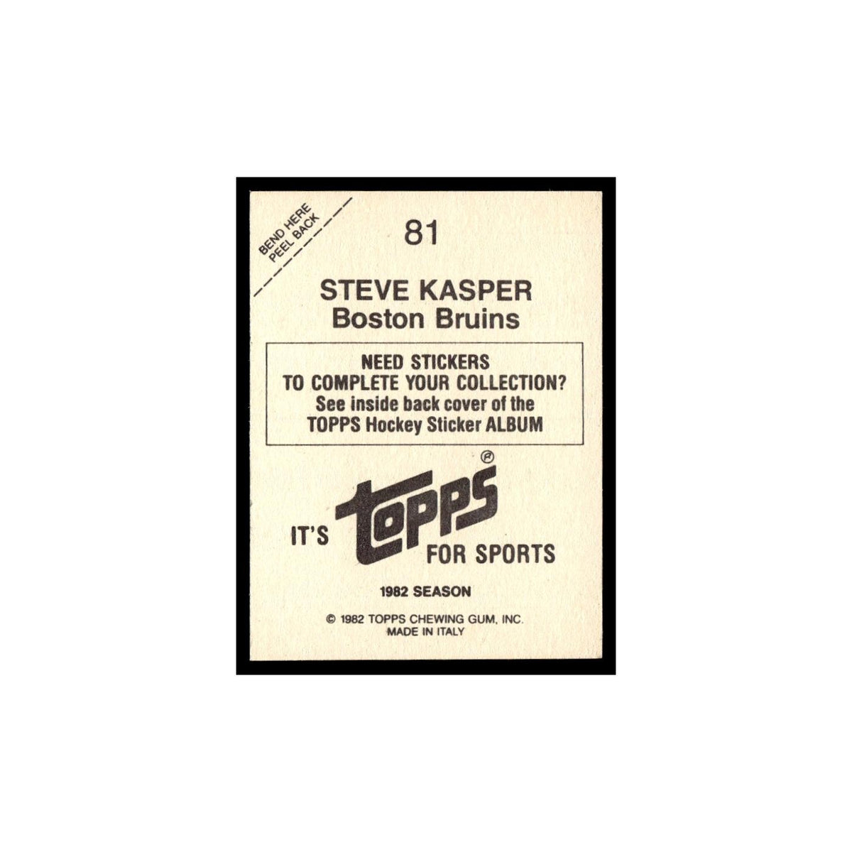 Steve Kasper 1982 Topps Stickers #81 Boston Bruins Hockey Card EX