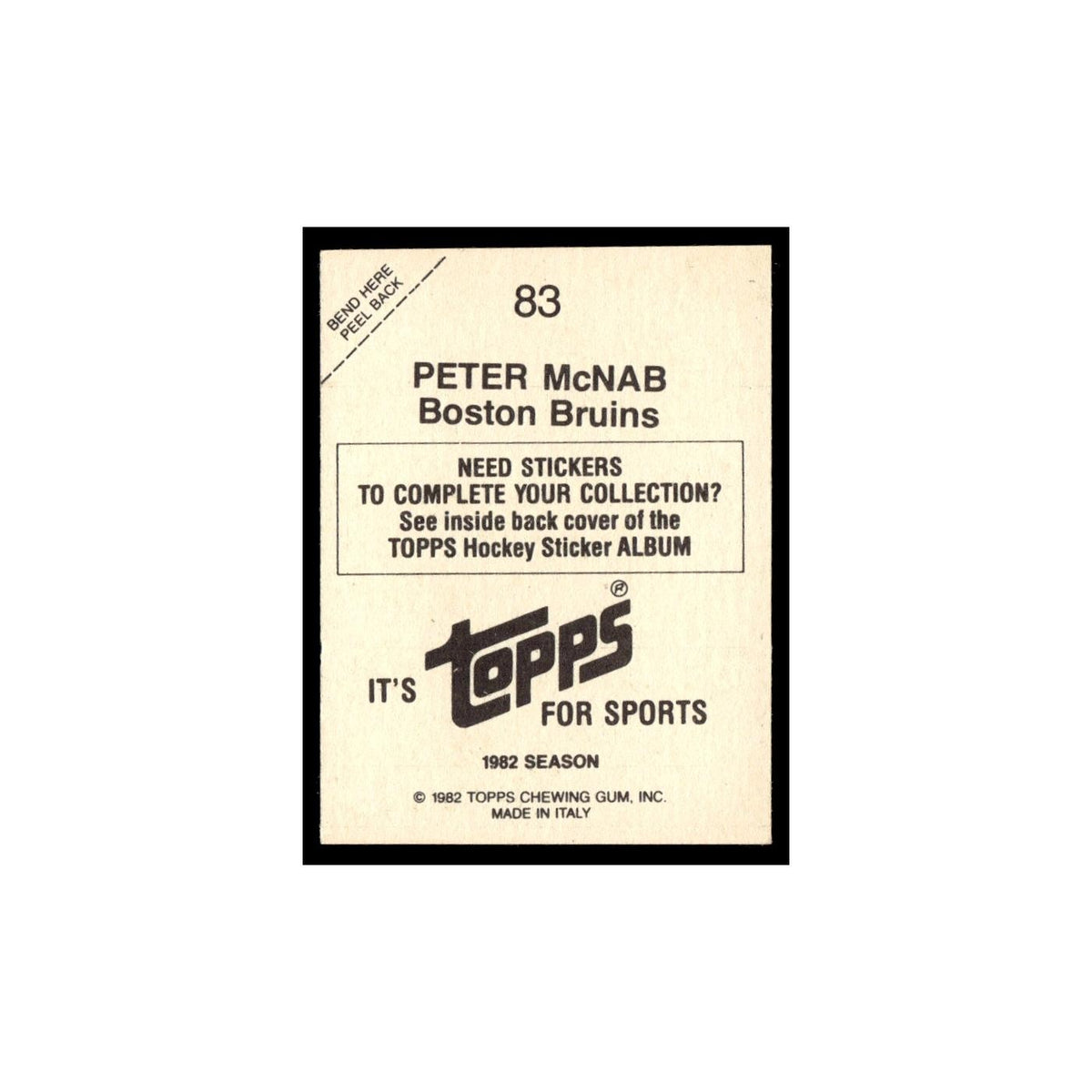 Peter McNab 1982 Topps Stickers #83 Boston Bruins Hockey Card EX
