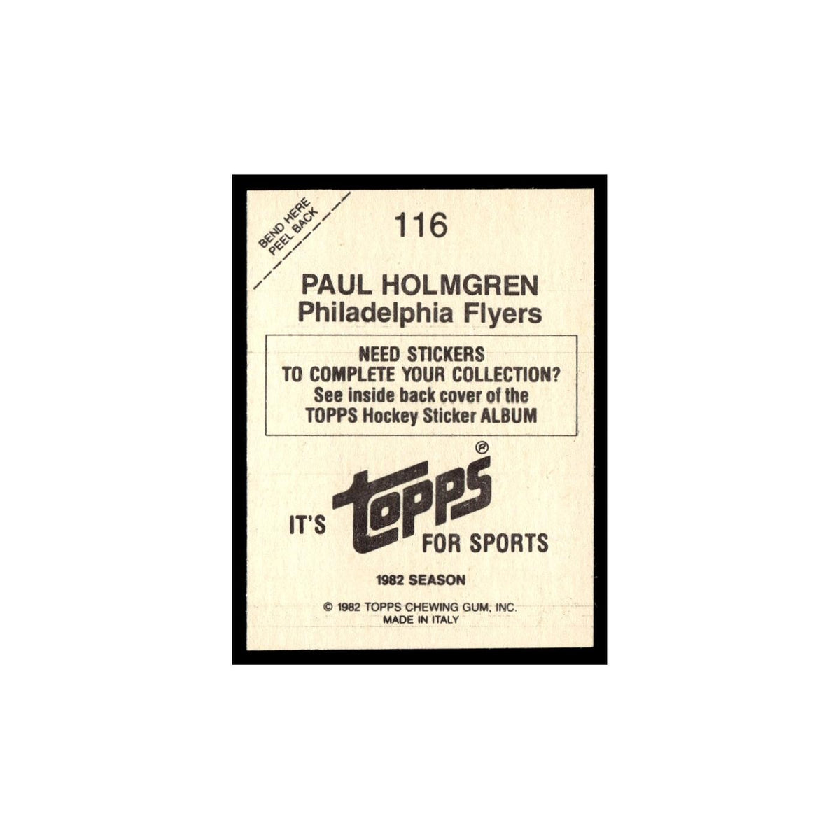 Paul Holmgren 1982 Topps Stickers #116 Philadelphia Flyers Hockey Card EX