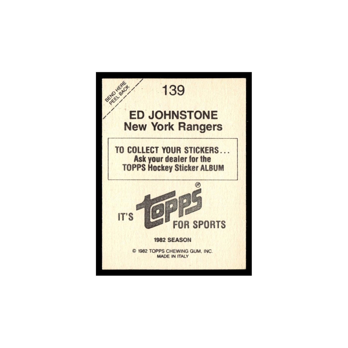Ed Johnstone 1982 Topps Stickers #139 New York Rangers Hockey Card EX