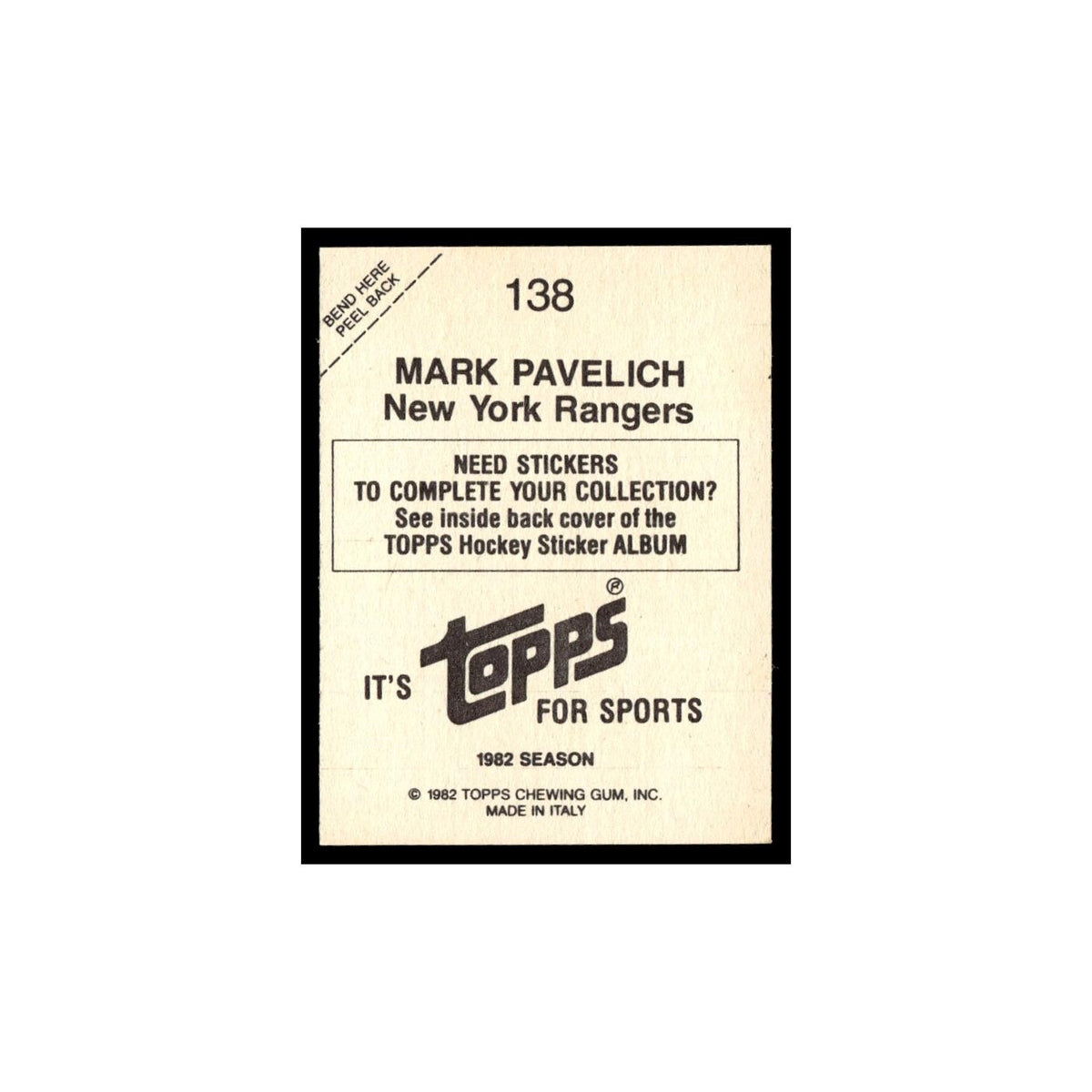 Mark Pavelich 1982 Topps Stickers #138 New York Rangers Hockey Card EX