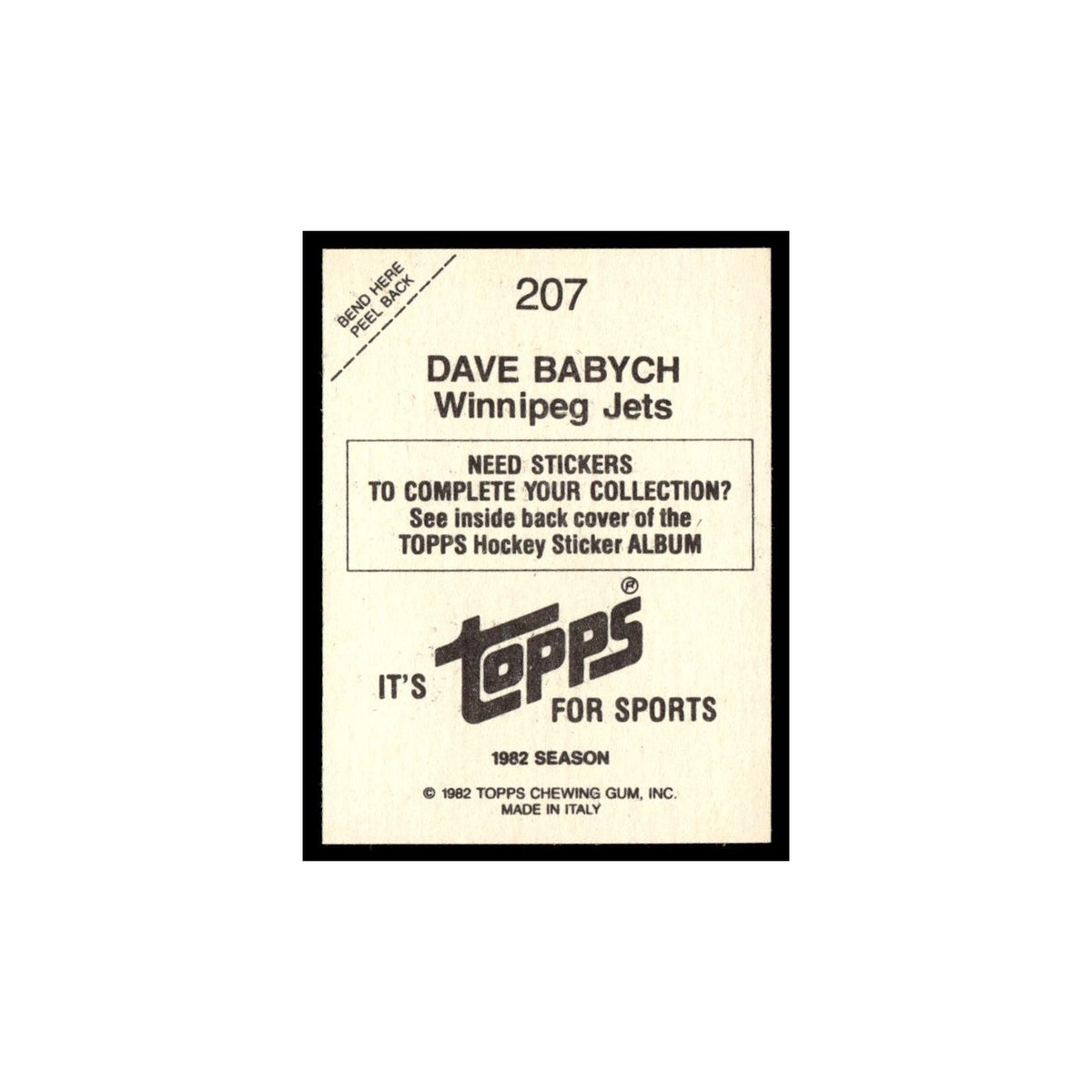 Dave Babych 1982 Topps Stickers #207 Winnipeg Jets Hockey Card EX