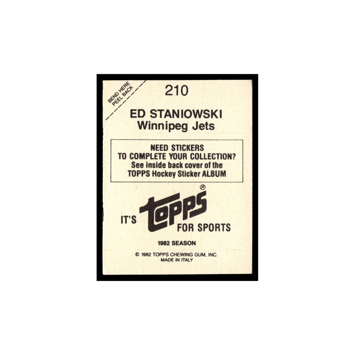Ed Staniowski 1982 Topps Stickers #210 Winnipeg Jets Hockey Card EX