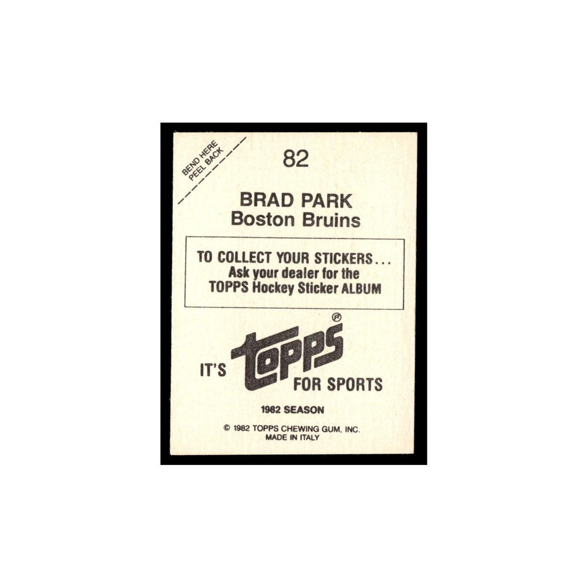 Brad Park 1982 Topps Stickers #82 Boston Bruins Hockey Card EX