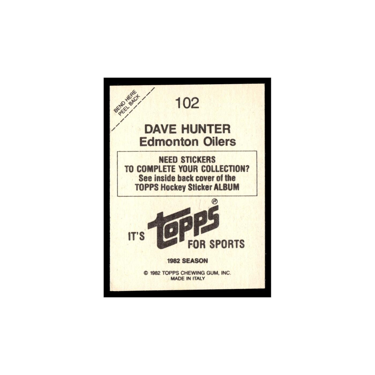 Dave Hunter 1982 Topps Stickers #102 Edmonton Oilers Hockey Card EX