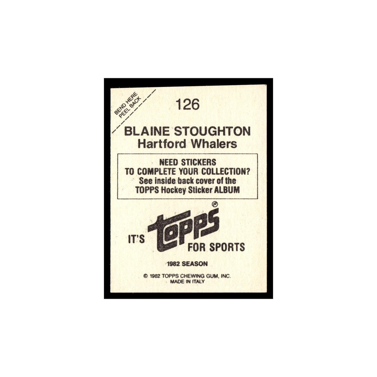 Blaine Stoughton 1982 Topps Stickers #126 Hartford Whalers Hockey Card EX