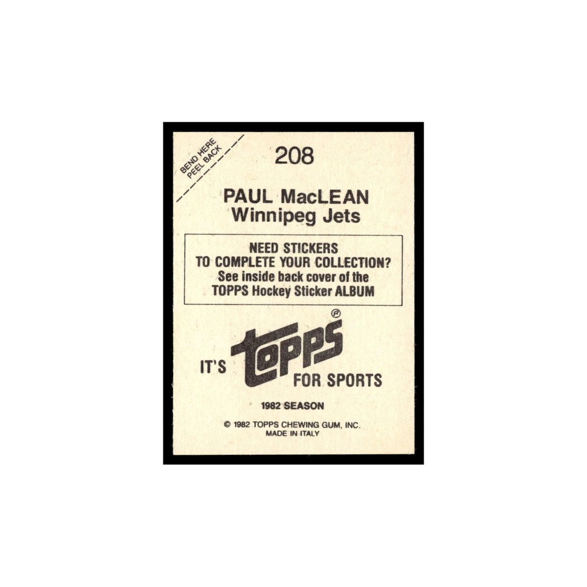 Paul MacLean 1982 Topps Stickers #208 Winnipeg Jets Hockey Card EX