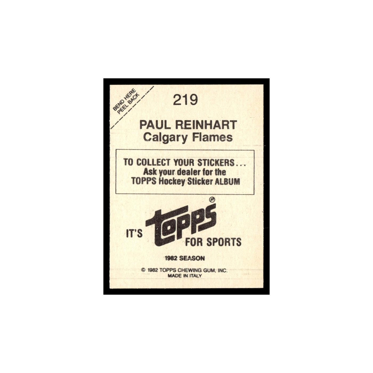 Paul Reinhart 1982 Topps Stickers #219 Calgary Flames Hockey Card EX