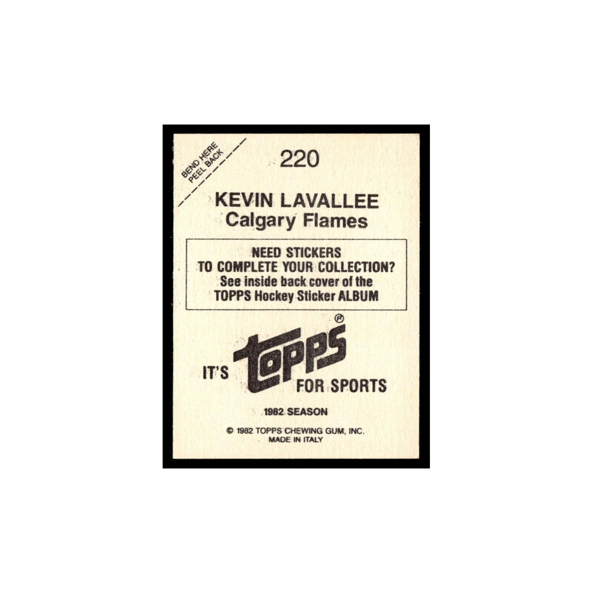 Kevin LaVallee 1982 Topps Stickers #220 Calgary Flames Hockey Card EX