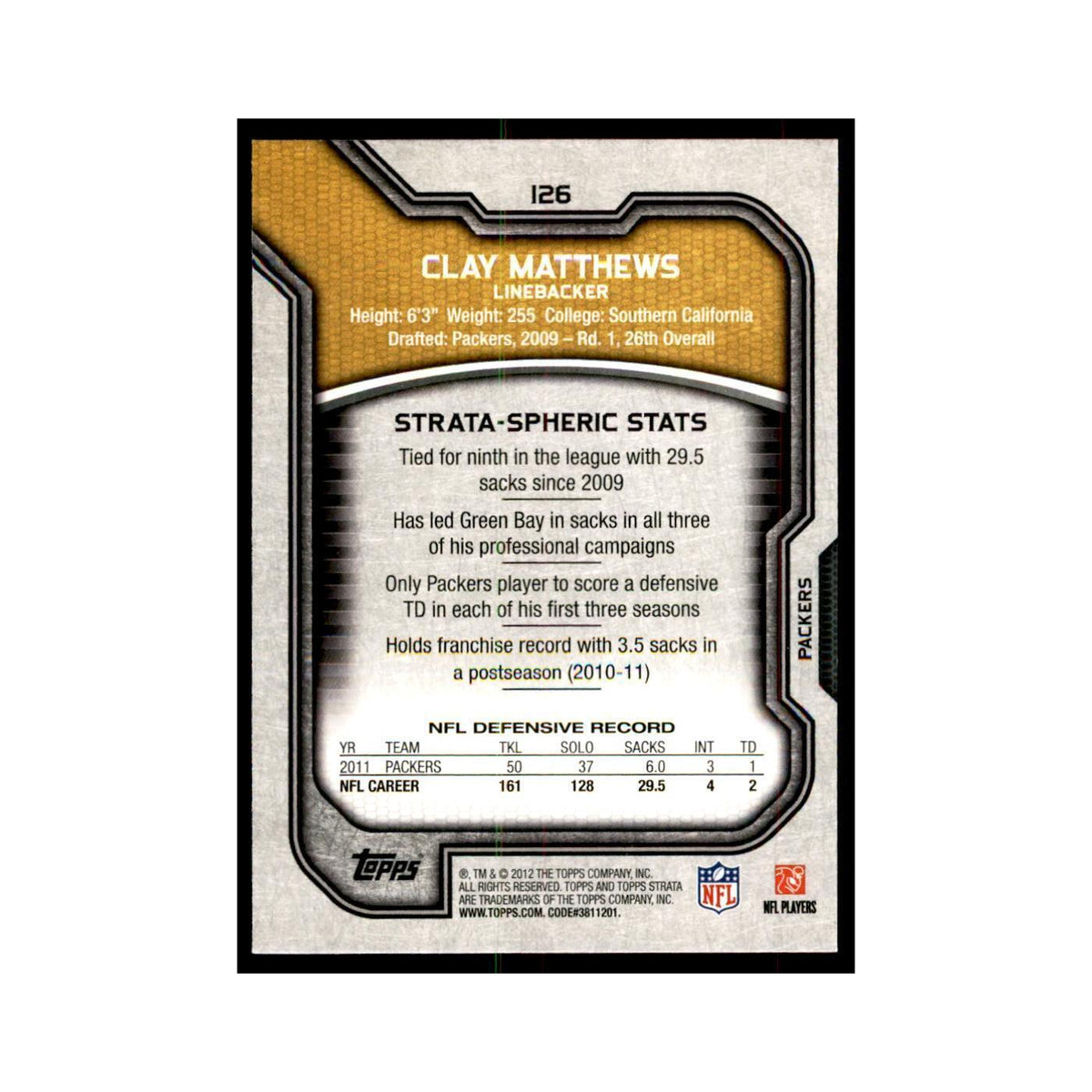 2012 Topps Strata Clay Matthews Football Cards #126