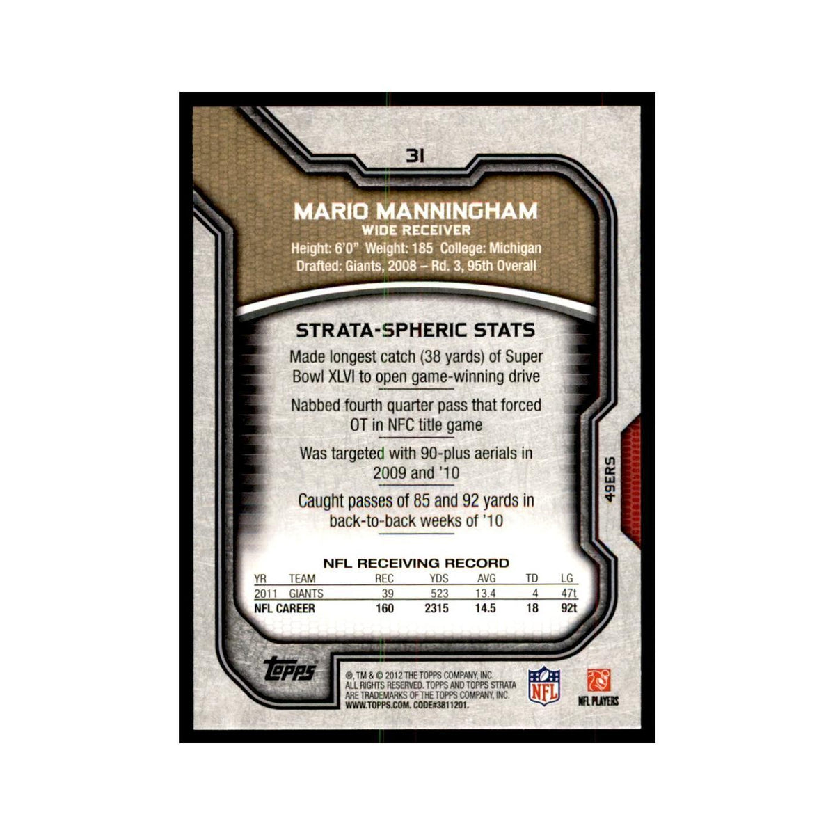 2012 Topps Strata Mario Manningham Football Cards #31