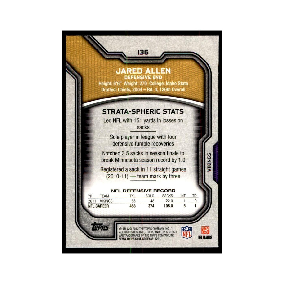 2012 Topps Strata Jared Allen Football Cards #136
