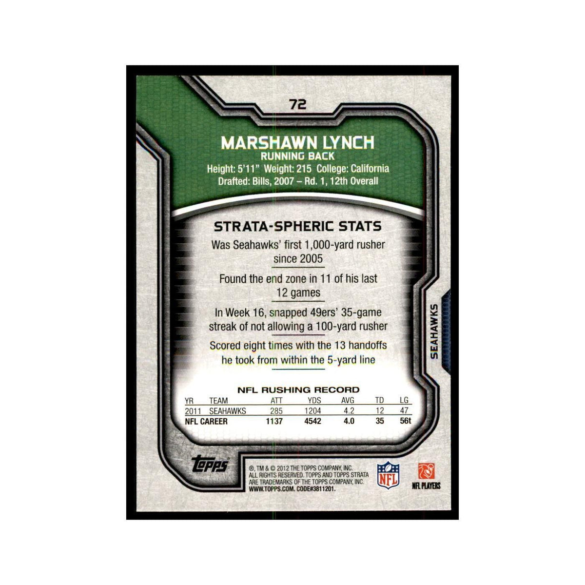 2012 Topps Strata Marshawn Lynch Football Cards #72