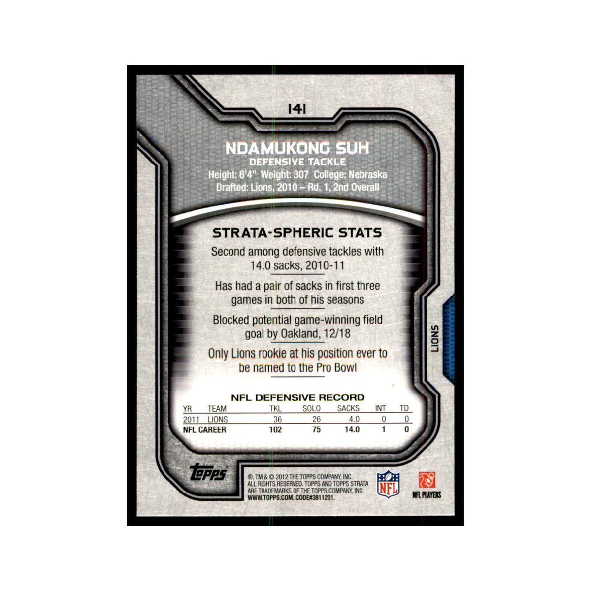 2012 Topps Strata Ndamukong Suh Football Cards #141