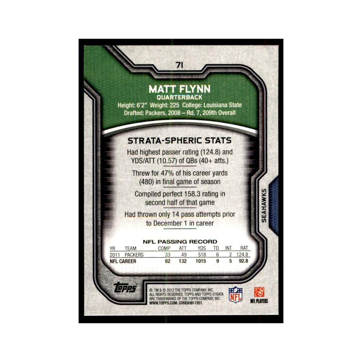 2012 Topps Strata Matt Flynn Football Cards #71