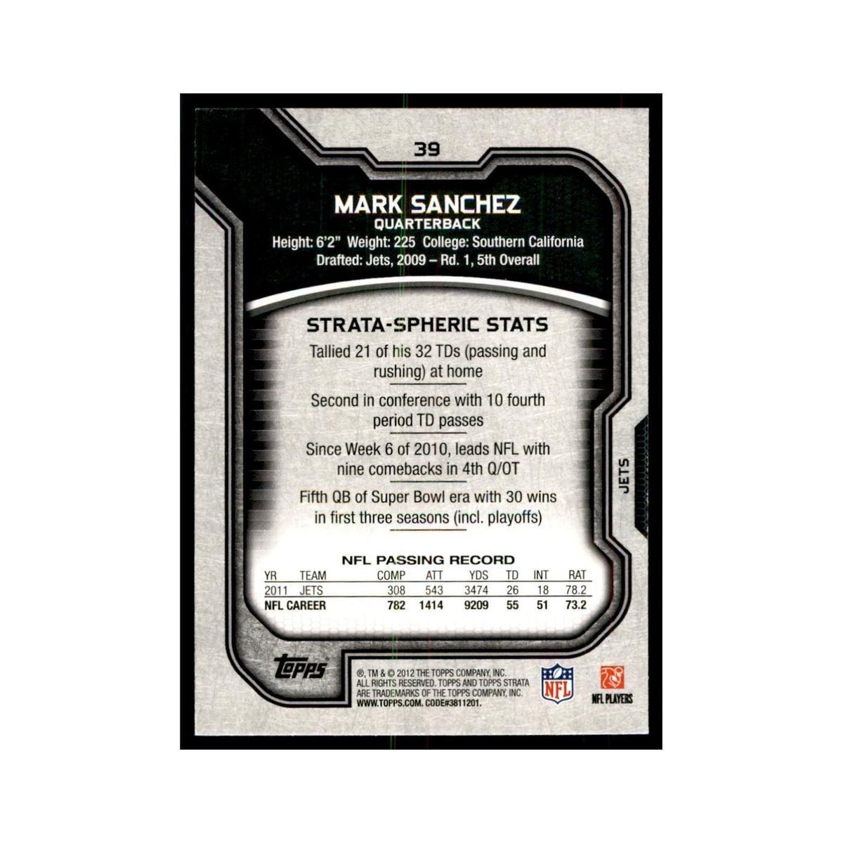 2012 Topps Strata Mark Sanchez Football Cards #39