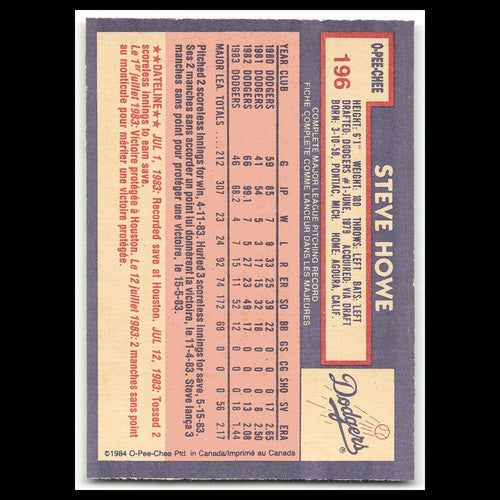 Steve Howe #196 1984 O-Pee-Chee Los Angeles Dodgers Baseball Card MLB NM