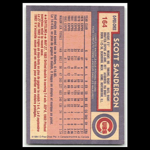 Scott Sanderson #164 1984 O-Pee-Chee Chicago Cubs Baseball Card MLB NM