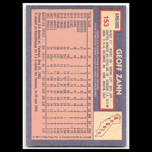 Geoff Zahn #153 1984 O-Pee-Chee California Angels Baseball Card MLB NM