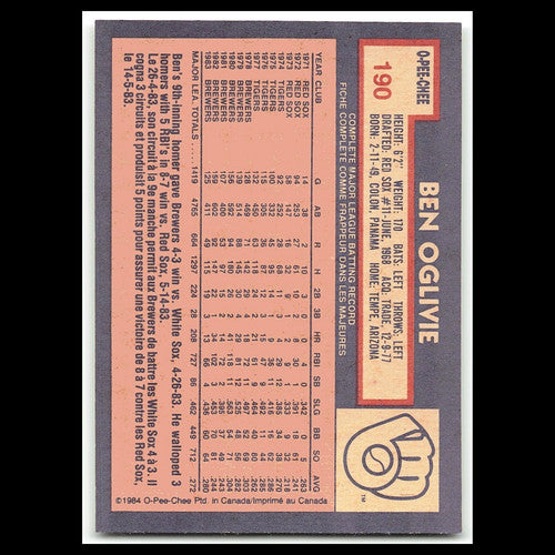 Ben Oglivie #190 1984 O-Pee-Chee Milwaukee Brewers Baseball Card MLB NM
