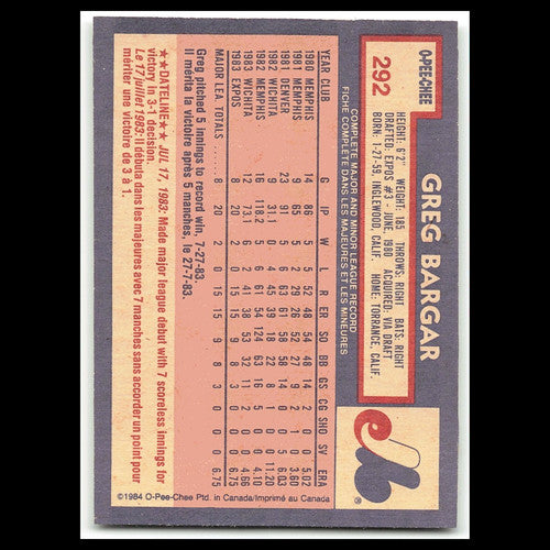 Greg Bargar #292 1984 O-Pee-Chee Montreal Expos Baseball Card MLB NM