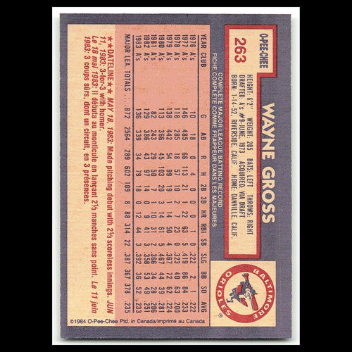 Wayne Gross #263 1984 O-Pee-Chee Baltimore Orioles Baseball Card MLB NM