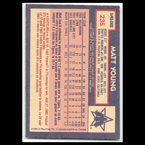 Matt Young #235 1984 O-Pee-Chee Seattle Mariners Baseball Card MLB NM