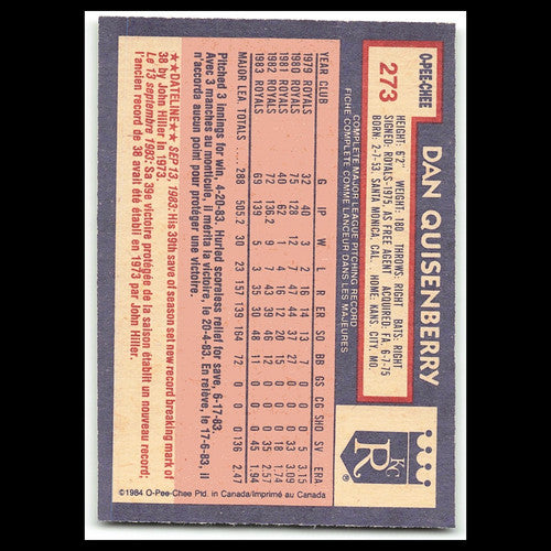Dan Quisenberry #273 1984 O-Pee-Chee Kansas City Royals Baseball Card MLB NM