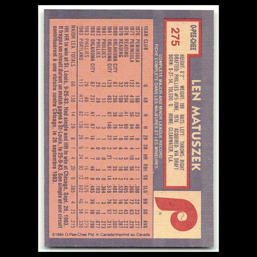 Len Matuszek #275 1984 O-Pee-Chee Philadelphia Phillies Baseball Card MLB NM