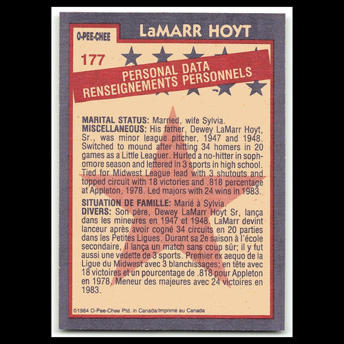 LaMarr Hoyt #177 1984 O-Pee-Chee Chicago White Sox Baseball Card MLB NM